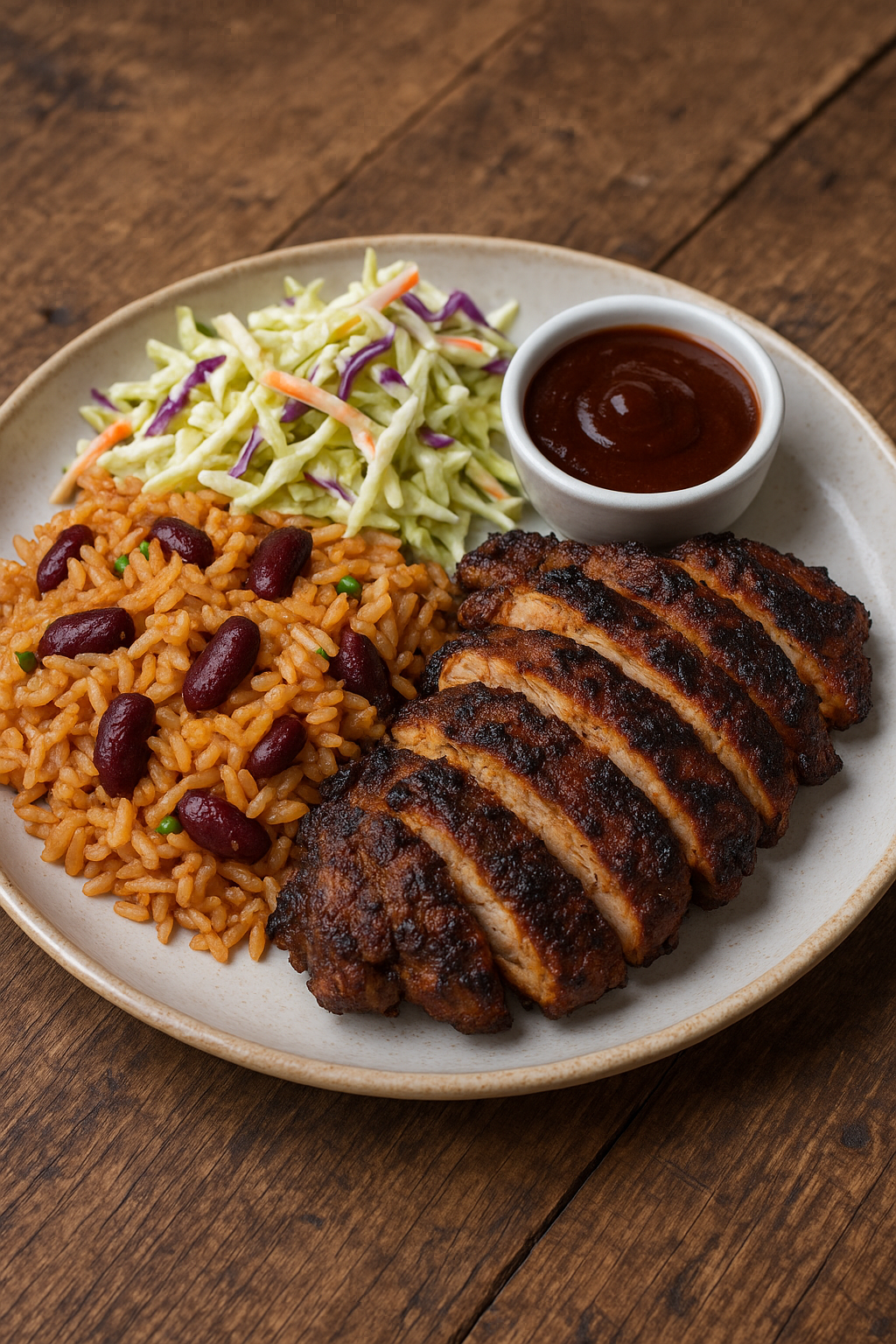 Jerk Chicken, Apple Slaw & BBQ Sauce